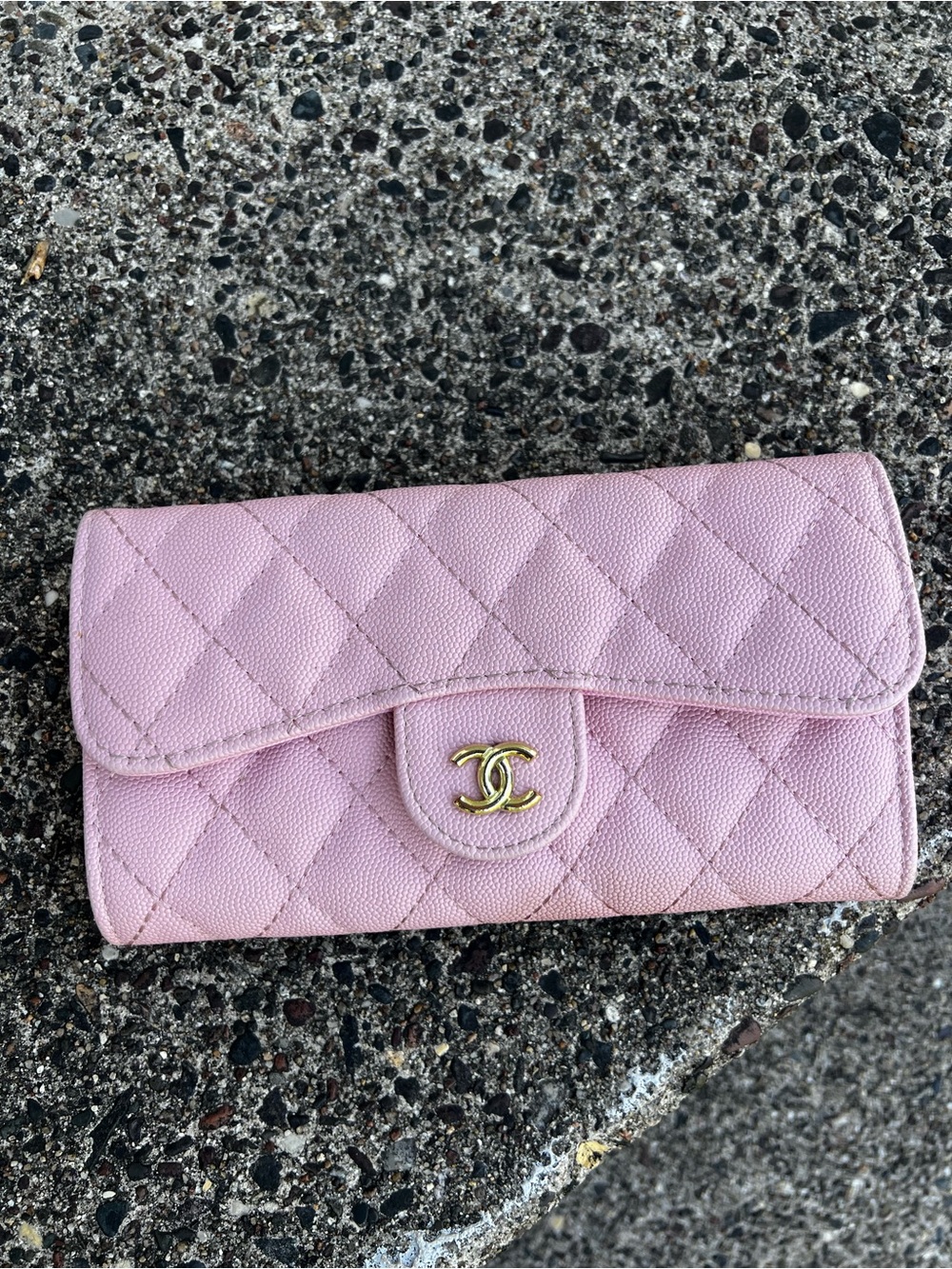 CHANEL Light Pink Quilted Wallet with Gold CC Emblem